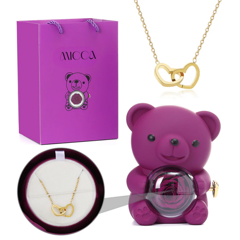 Urso com Rosa Eterna & Colar Gravado com Nomes