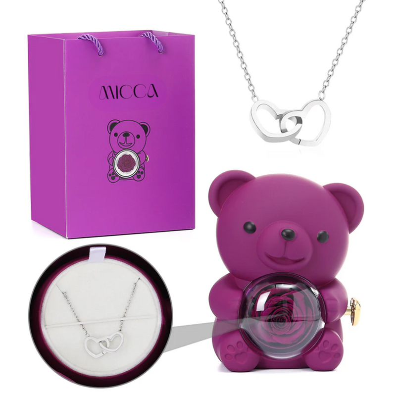 Urso com Rosa Eterna & Colar Gravado com Nomes