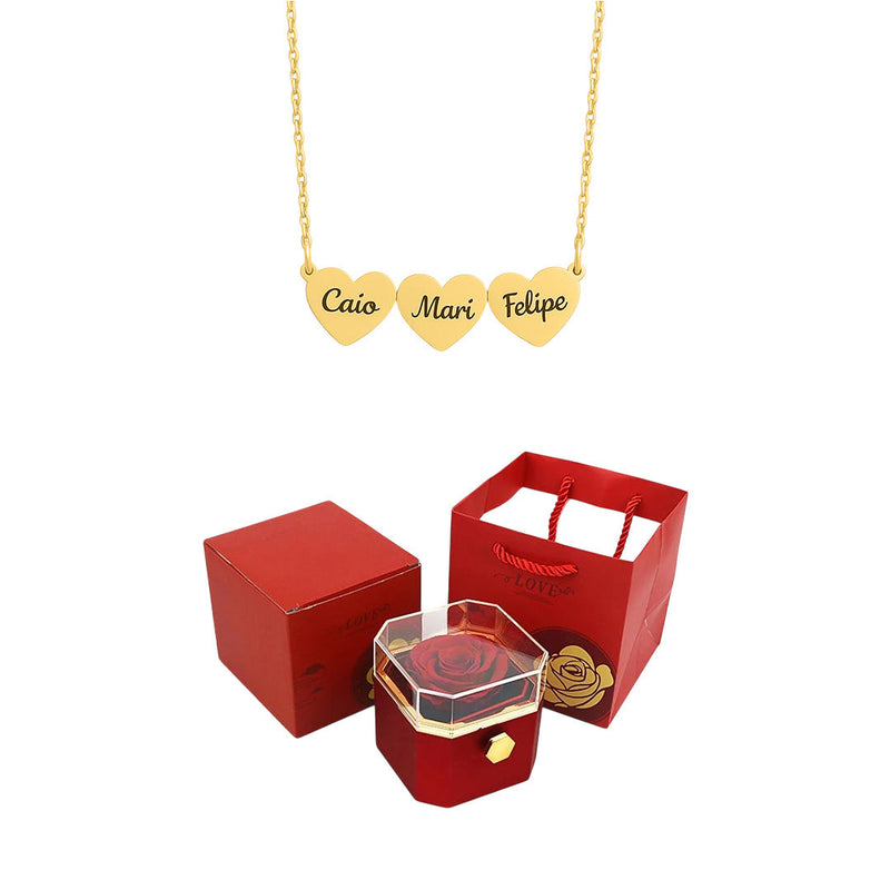 Caixa Rotativa com Rosa Eterna & Colar Coração Gravado com Nomes