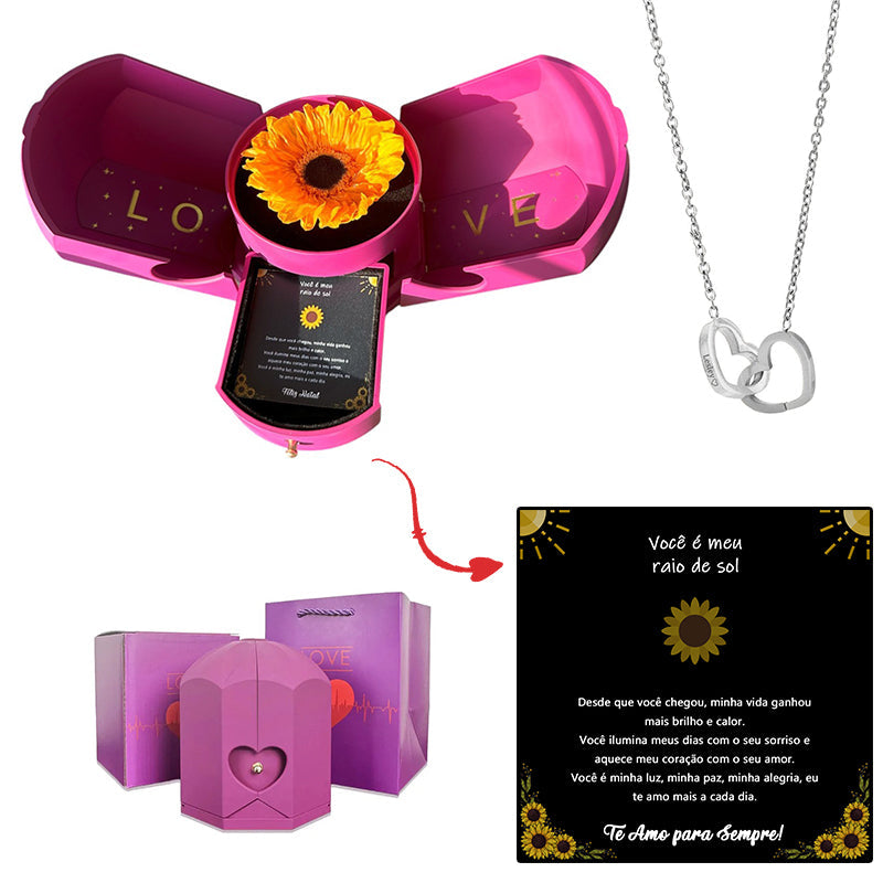 Caixa com Girassol Eterno & Colar Coração Personalizado