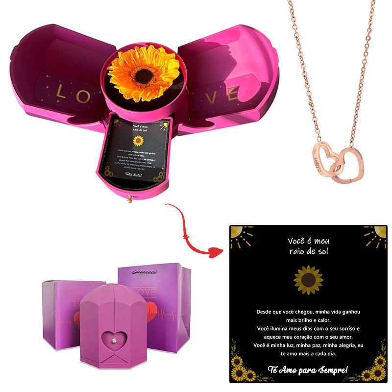 Caixa com Girassol Eterno & Colar Coração Personalizado