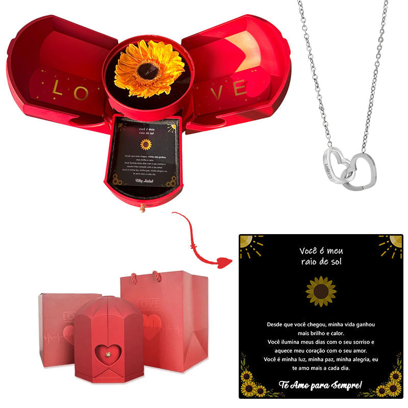 Caixa com Girassol Eterno & Colar Coração Personalizado