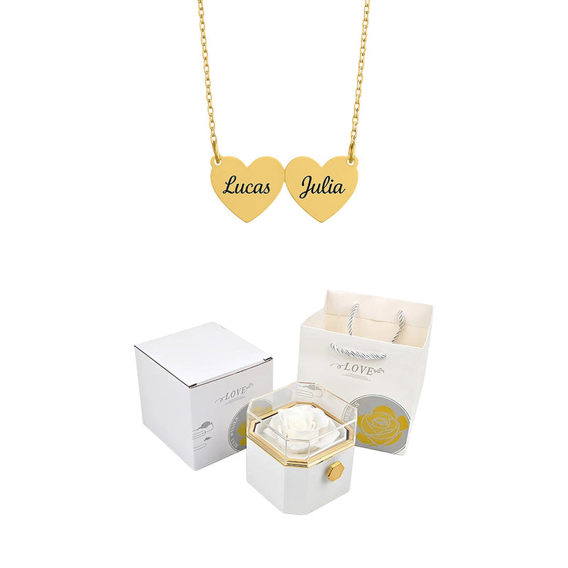 Caixa Rotativa com Rosa Eterna & Colar Coração Gravado com Nomes